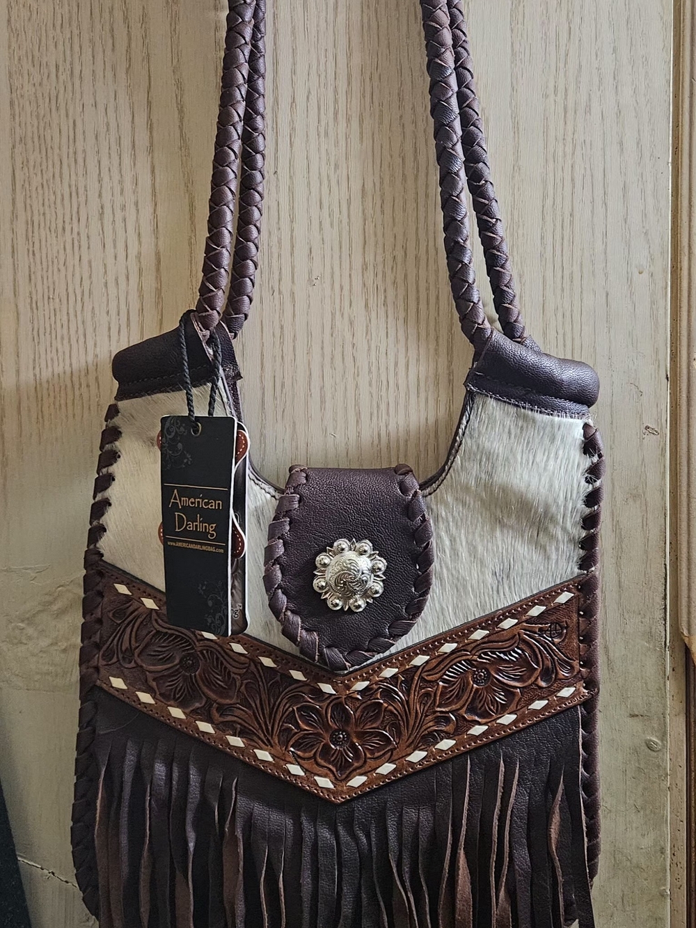 American Darling Brown Tooled Fringe Western Shoulder Bag
